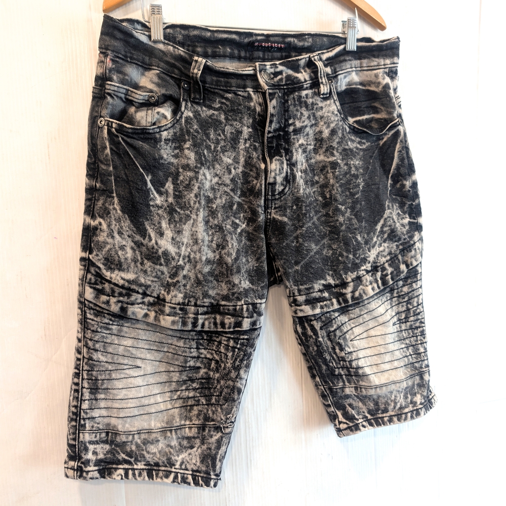 M SOCIETY Men's Black and White Acid Wash Grunge Baggy Jean Shorts Size 38